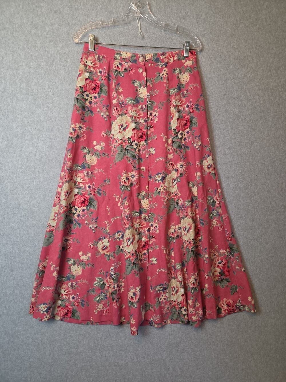 Vintage Napa Studio Linen Blend Pink Floral Button Front Maxi Skirt Women's 12